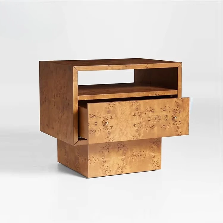 Modern luxury hotel bedroom wooden bedside table with drawers villa natural tree, textured bedside table furniture