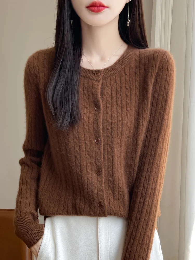 Autumn Winter New Twist Flower 100% Pure Wool Knit Cardigan Sweater Women's O-neck Loose Basic Long Sleeve Simple Versatile Coat