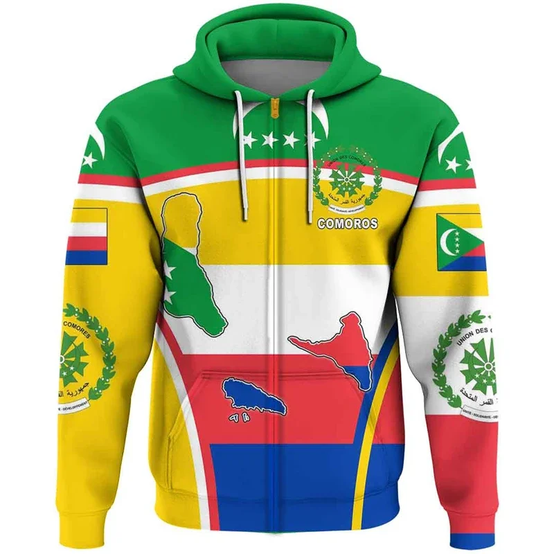 Africa Comoros Map Flag 3D Print Zip Up Hoodie For Men Clothes Patriotic Tracksuit National Emblem Graphic Sweatshirts Male Top