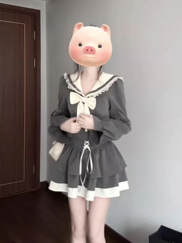 

Faionable Age-Defng Spring Autumn Knot Long Sve Navy Collar Women's Set High Waist Skirt And irt