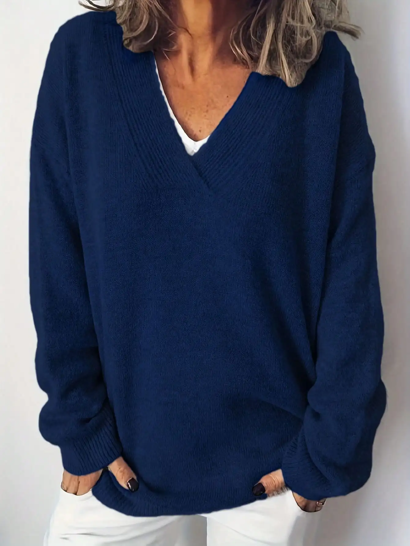 Herbst Winter Täglicher Casual Damen Übergröße V-Ausschnitt Langarm Pullover – Detail 9