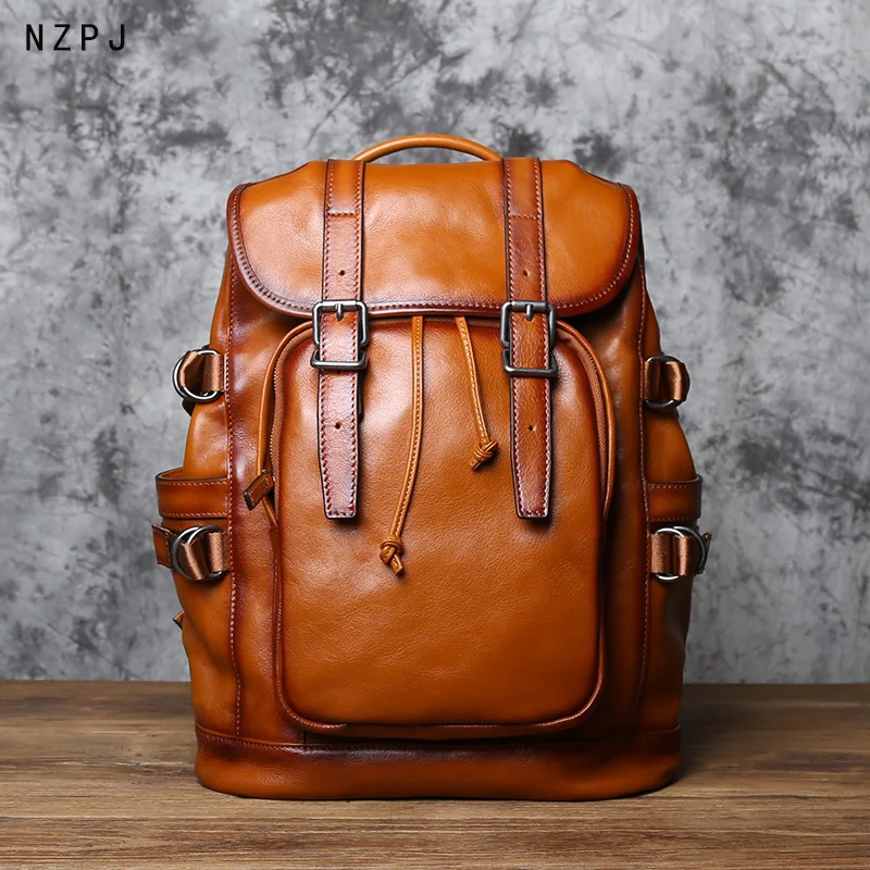 NZP-mochila Retro de cuero para hombre, bolso de viaje de moda europea y americana, de piel de vaca de capa superior, informal, escolar, para ordenador portátil