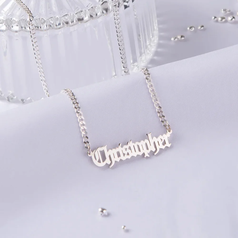 Personalized Old English Stainless Steel Necklace For Women Custom Name Letter Pendant Cuba Chain Men Collar Vintage  Jewelry