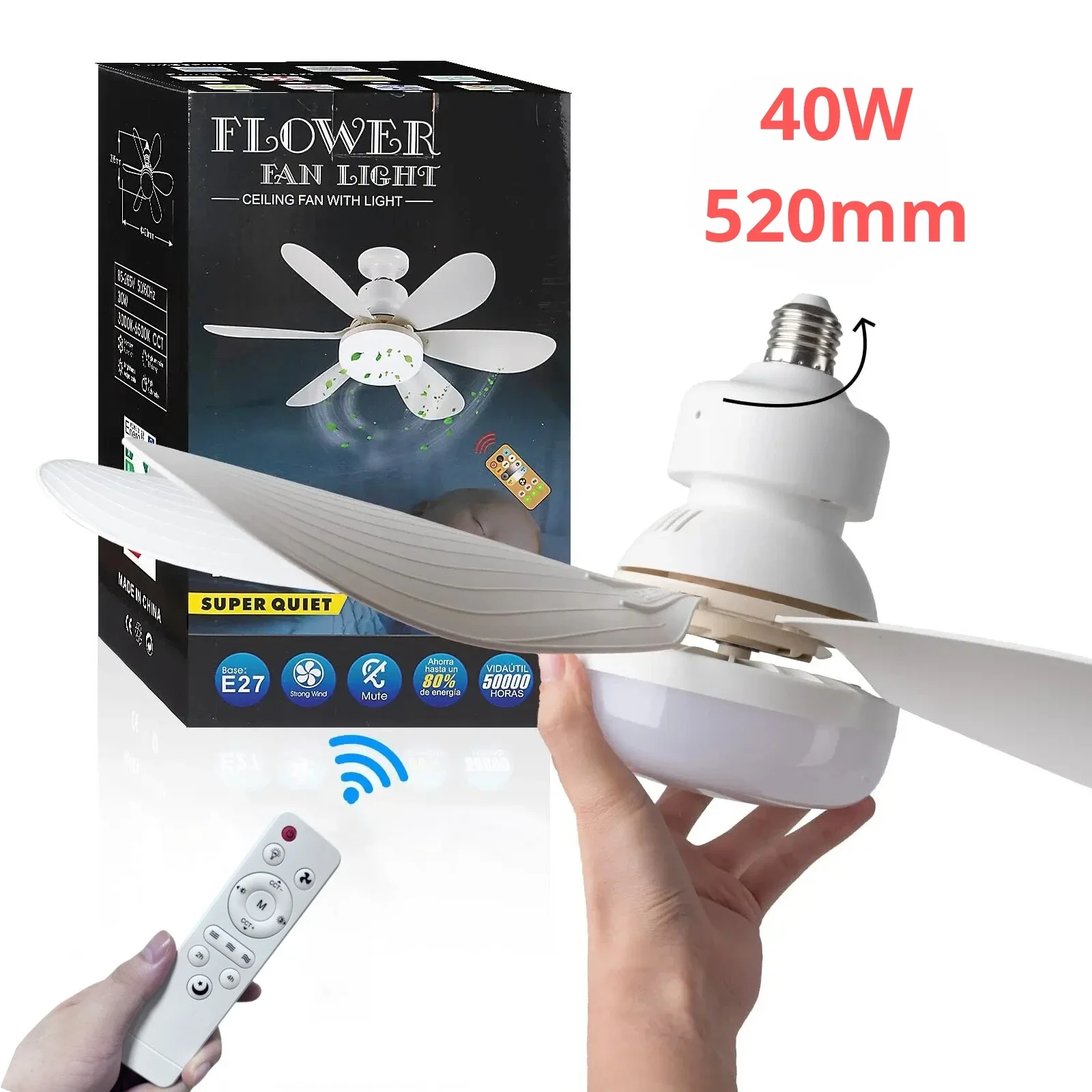 LED 40W Socket Ceiling Fan with Light, 20.5in Screw Ceiling Fans with Lights with Remote, For Bedroom/Garage/Kitchen Window fan