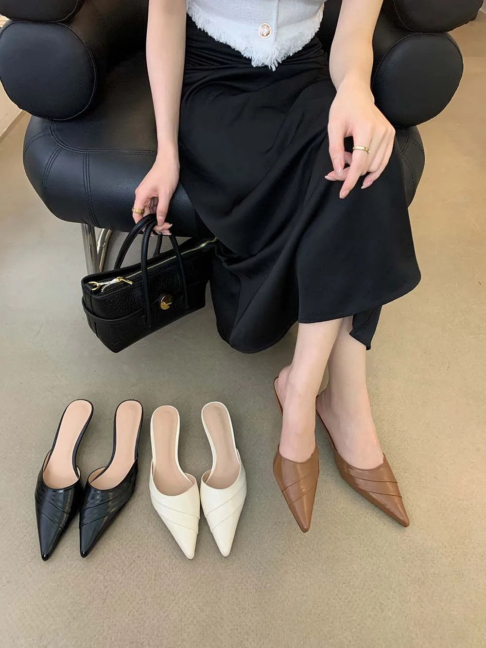 Pointed Toe Women Slides Slippers 2024 New Arrivals Fashion Dress Shoes Thin Mid Heels Brown White Black Shallow Slip On Pumps