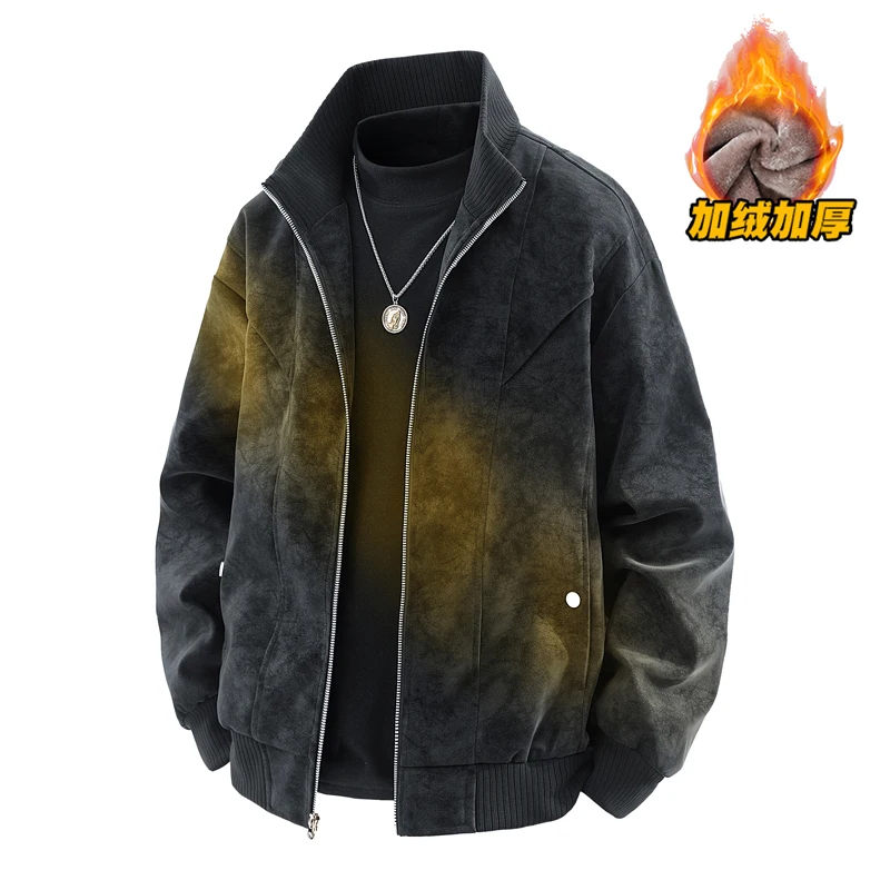 

M-8XL New Autumn Winter Fashionable Casual Fleece Stand Up Collar Jacket Men, Warm Handsome PU Suede Oversized Leather Jacket