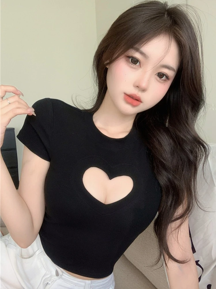 Sexy Hollow out Short Sleeve T-Shirt Women's Pure Desire Short Style Tight Unique Top Cotton Polyester Blend round Neck Design
