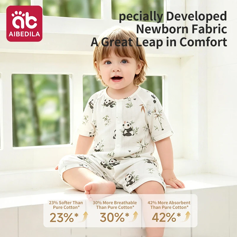 AIBEDILA Boys Girls Baby Summer Air Conditioner Wear Thin Breathable Mesh Cotton Short Sleeve Jumpsuit Daily Home Sleep Clothes view 3
