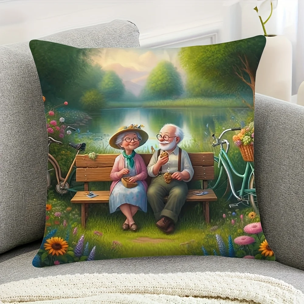 1pc 2D Flat Pillow Not Included Elderly Couple Park Bench Bicycle Cushion Cover Short Plush Romantic Senior Decor Gift Case