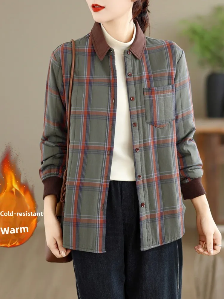 Retro Contrast Color Plaid Cotton Shirt Women's Lightweight Casual Collar Warm Open Cardigan Cotton Coat Outerwear