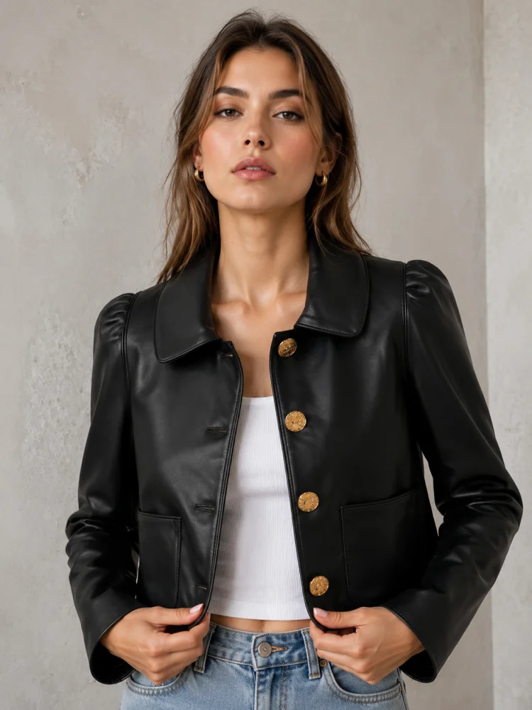 2026 New Women's Genuine Leather Jackets Fashion Black Doll Collar First-layer Sheepskin Female Long Sleeve Pockets Jacket Tops