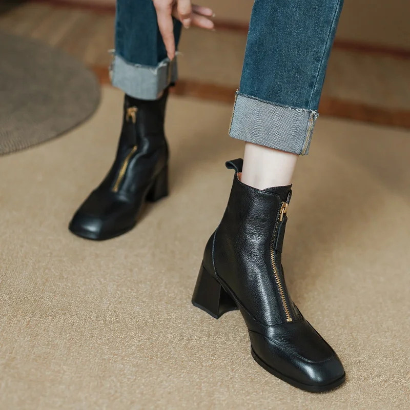 New Autumn Genuine Leather Women Boots Fashion Square Toe Modern Women Shoes Chunky Heel Short Boots High Heels Ladies Shoes