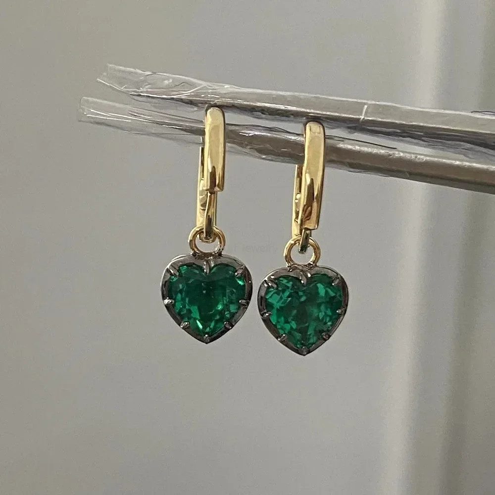 Ruif Custom Make 14k Gold about 1ct Heart Lab Grown Emerald Earrings for Women Daily Wear Gift Jewelry