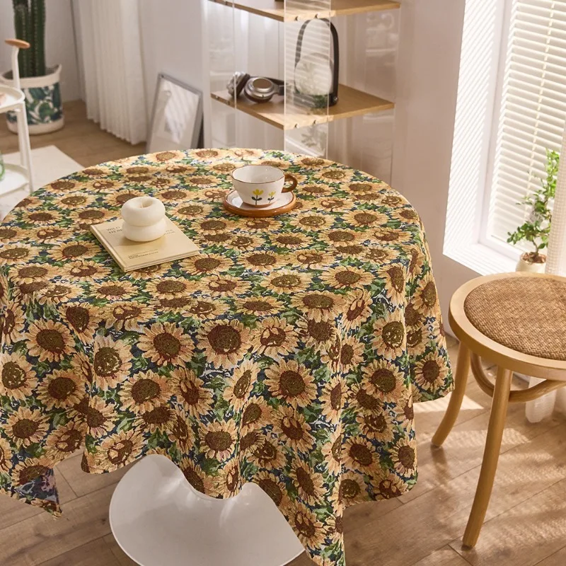 New Sunflower Jacquard Tablecloth American Retro Painting Decorative Cloth Round Tea Table Cover Cloth Dining Home Accessories