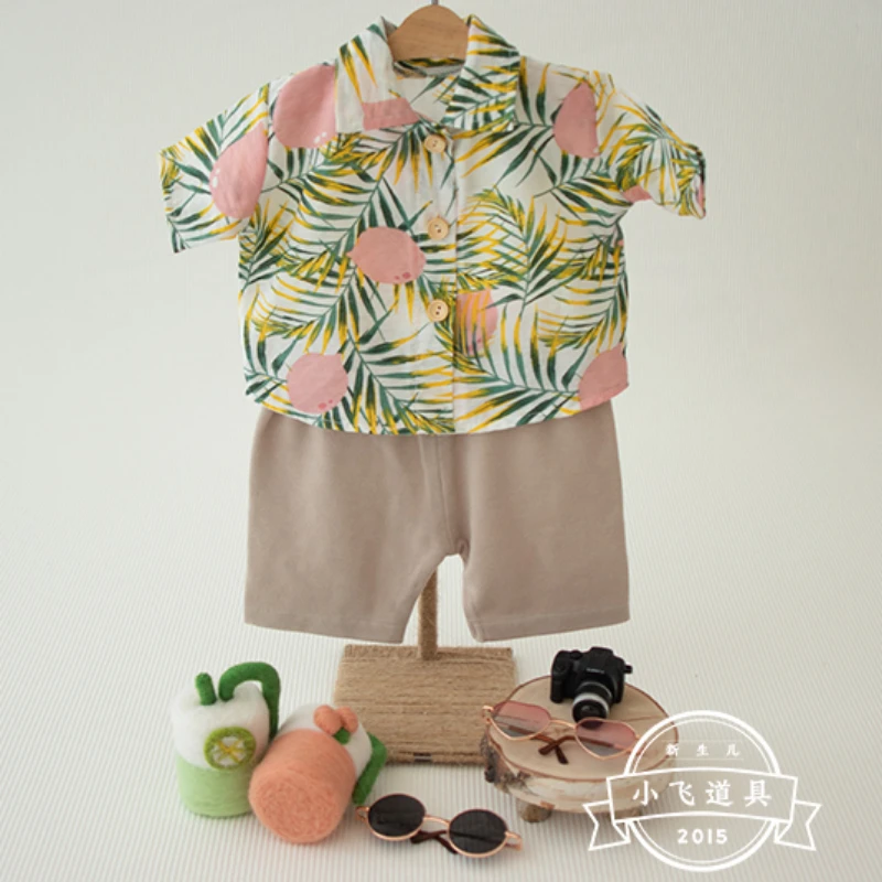 Summer Beach Vacation Style Short Sleeve Printed Shirt Cartoon Newborn Baby Cinema Photography ニューボーンフォト