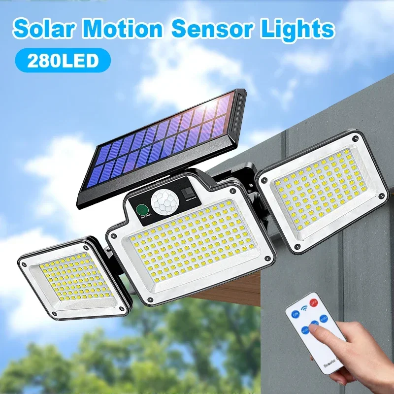 3 Head Outdoor Solar Lights Solar Motion Sensor Lights 280LED Security Solar Wall Lamp With 3 Modes Waterproof Flood Lights