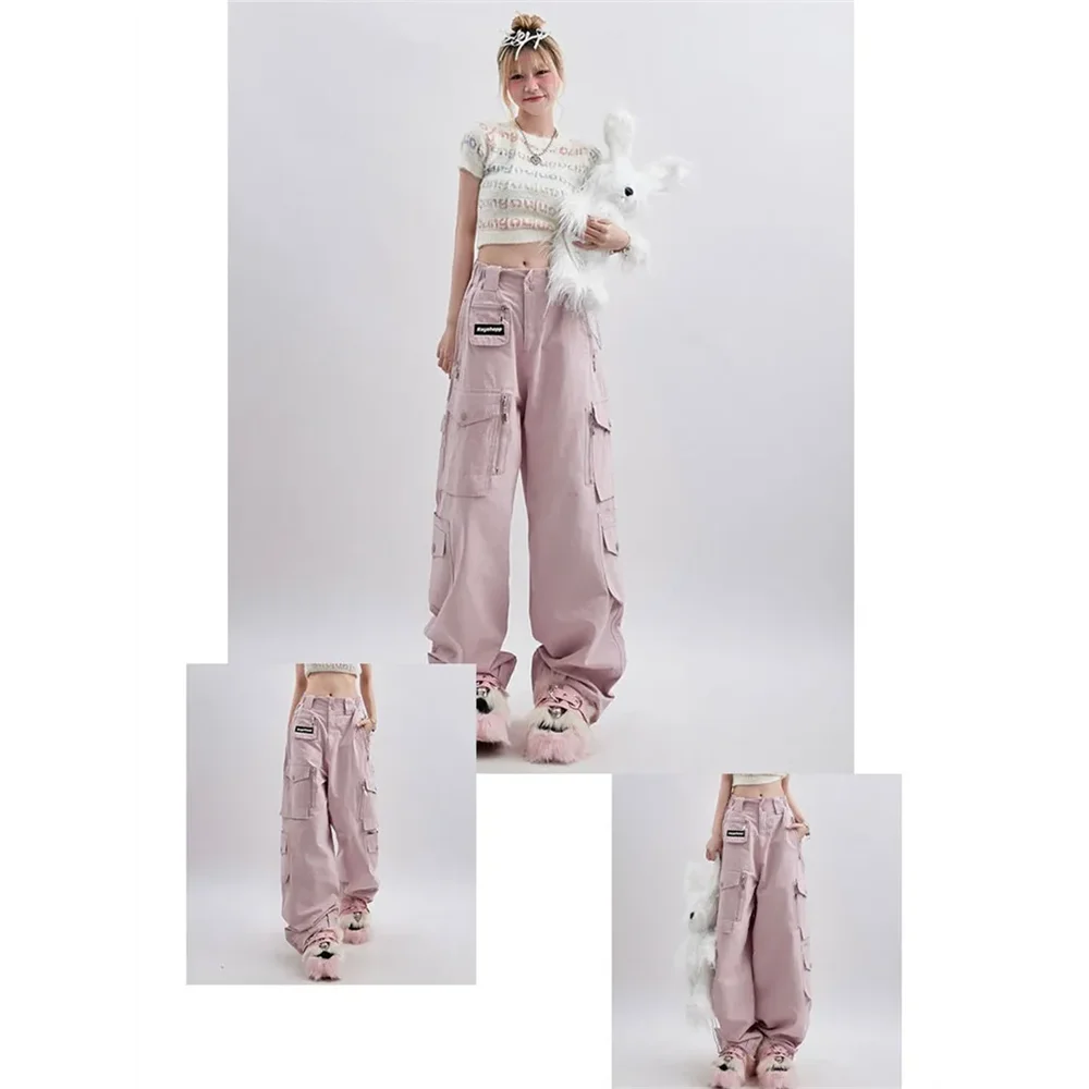 Oversize Y2k Aesthetic Loose Parachute Pants Women\'s Pink Cargo Pants Vintage Harajuku High Waist Baggy Trousers 2000s Clothes