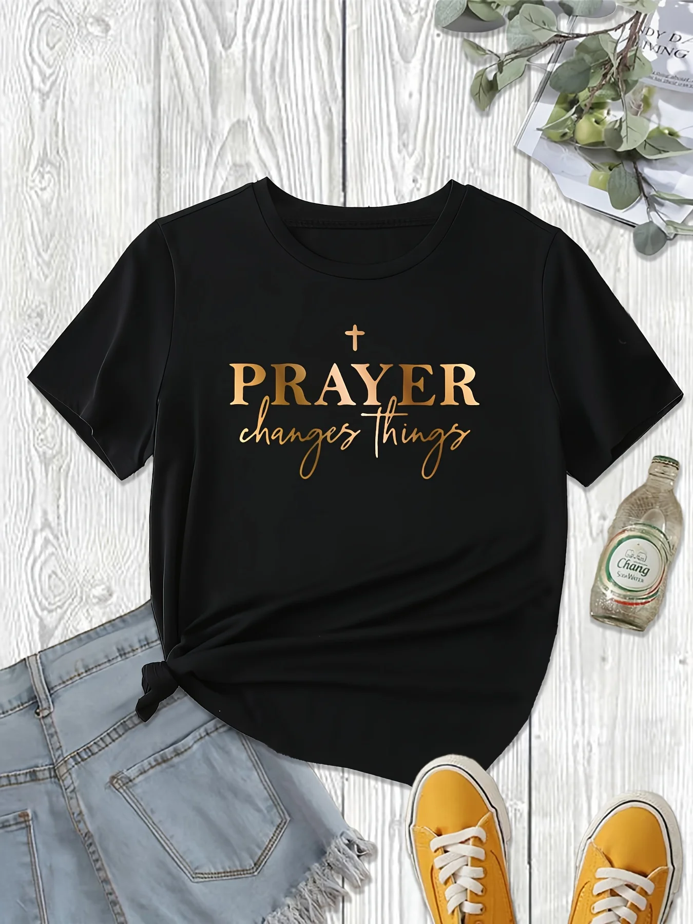 婦人服 祈りプリント クルーネック Tシャツ 春夏 カジュアル 半袖トップ