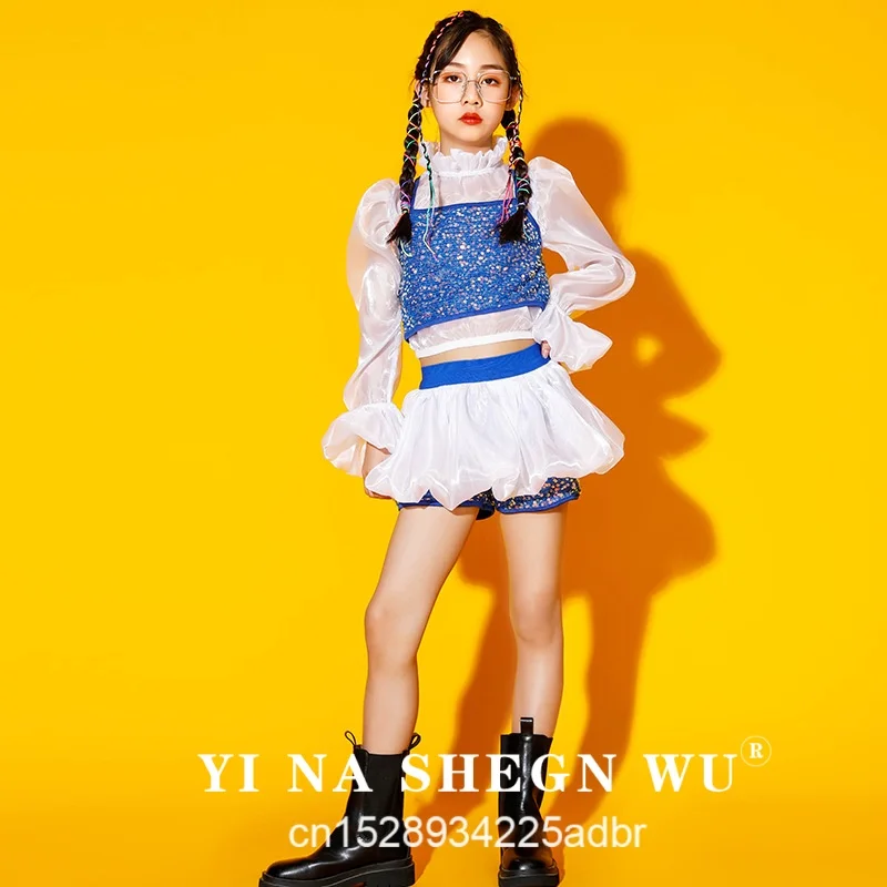 Kid Jazz Clothes Long Sleeve Tops Blue Sequin Vest HipHop Practice Clothing Girls Street Dance Stage Performance Costume