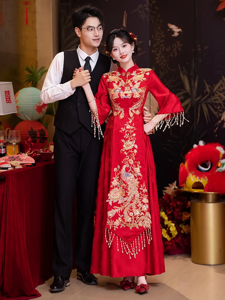 

Изысканное китайское свадебное платье больших размеров с вышивкой, длинное ципао с завышенной талией для свадебной чайной церемонии и банкета