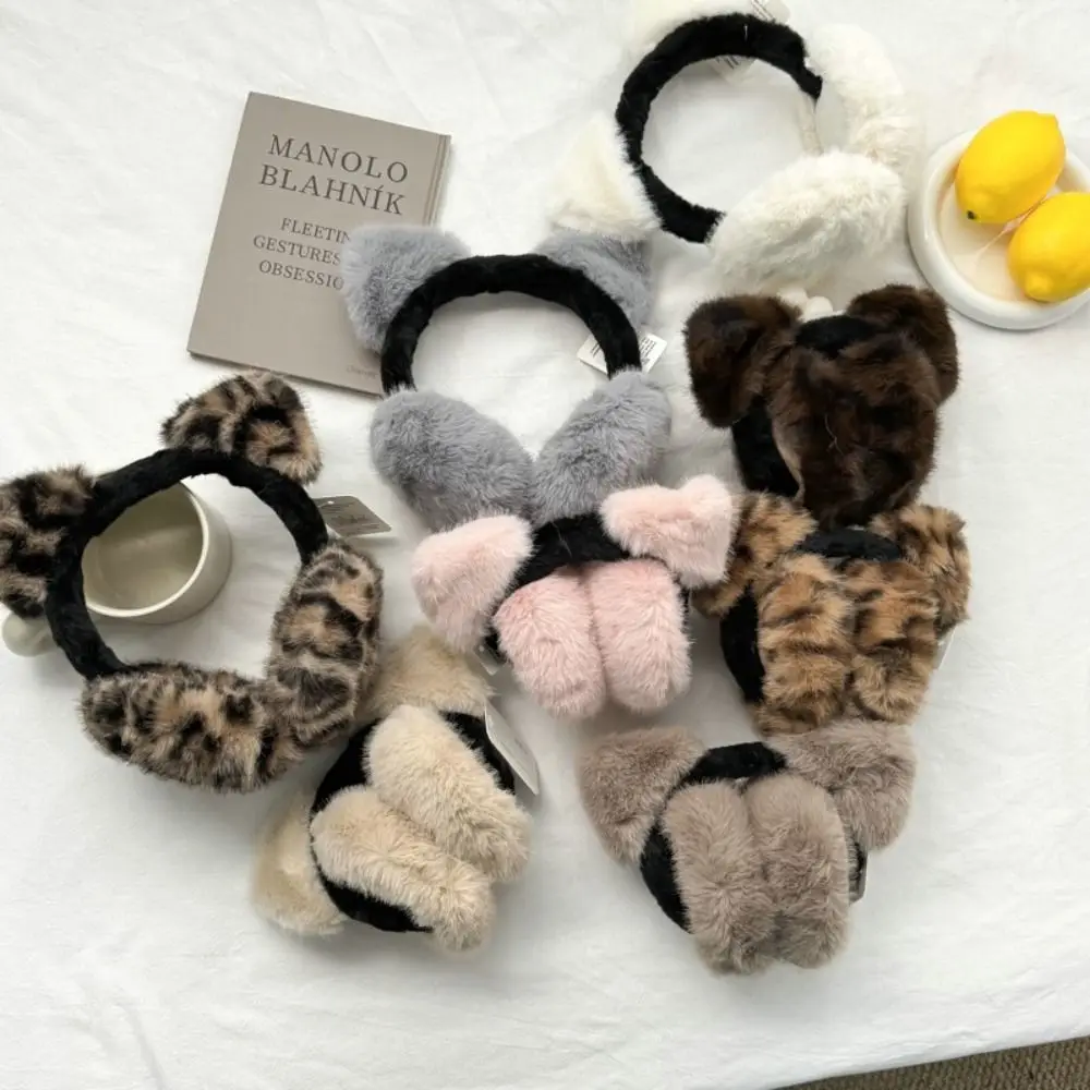 Soft Ear Cap Winter Cat Ears Earmuffs Leopard Y2k Imitation Fur Plush Earmuffs Folding Earflap Leopard Print Ear Mask Outdoor