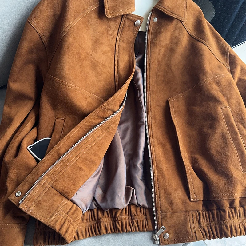 Casual Pelle di capra Kid Giacche in pelle scamosciata Cappotti in vera pelle da donna 2026 Primavera Retro Pelle scamosciata Risvolto Giacca in pelle Cappotto allentato