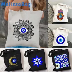 Borsa a tracolla in tela colorata Mati Blue Evil Eye Moon Mandala Flower Masallah Nazar Harajuku Shopper borsa in cotone riutilizzabile