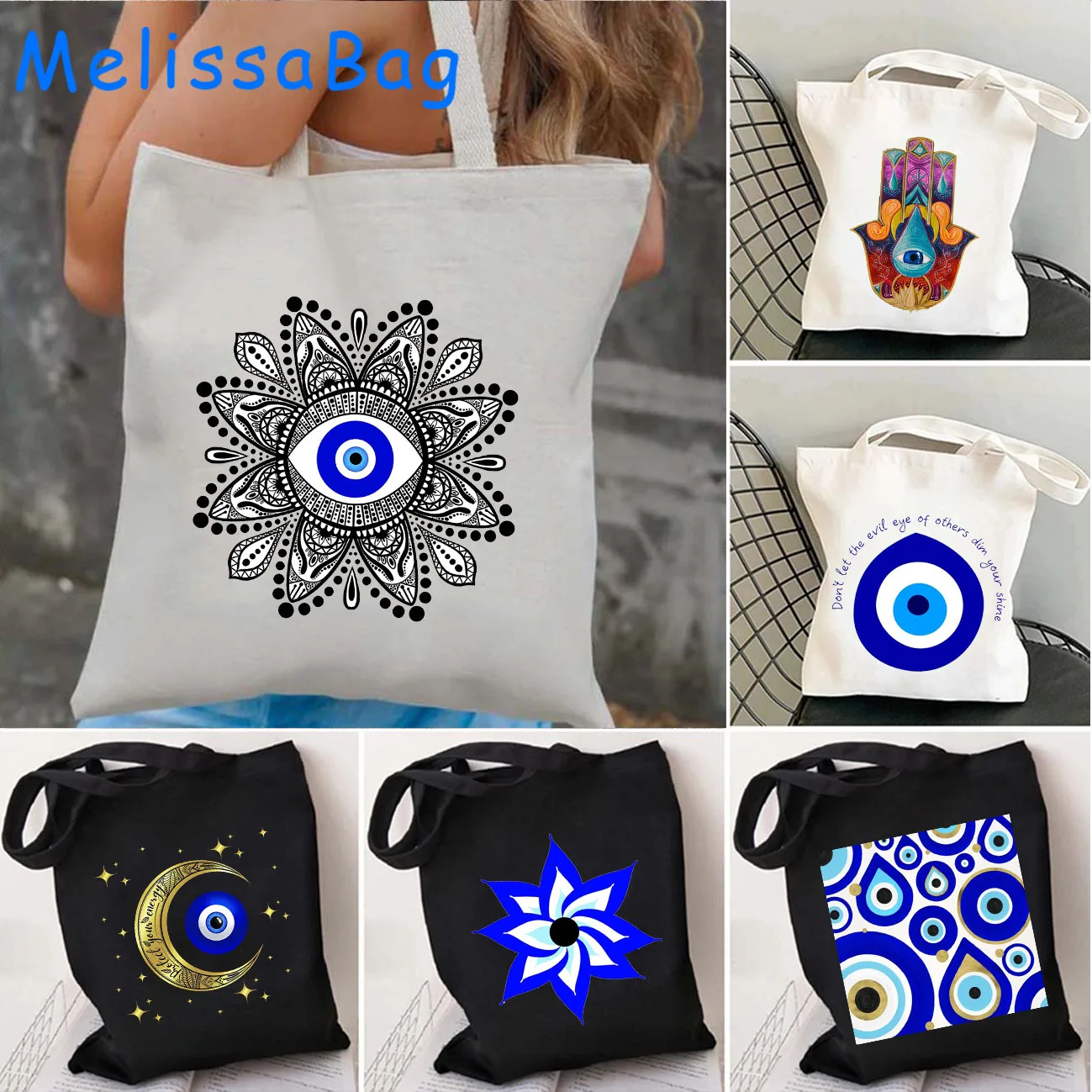 Colorful Mati Blue Evil Eye Canvas Shoulder Tote Bag Moon Mandala Flower Masallah Nazar Harajuku Shopper Reusable Cotton Handbag