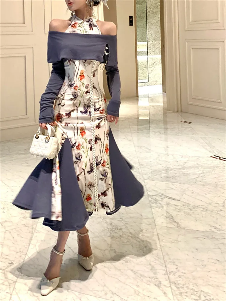

Retro Chinese Style Cheongsam 2 Pieces Floral Mermaid Dress&Long Sleeve Slash Neck Knit Top Elegant Velvet Evening Party Dress
