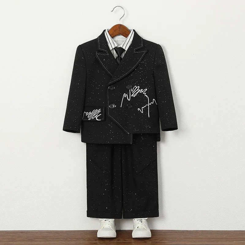 

Boys Vintage Star-Print Formal Vest Suit Set with Shirt Tie Pants Sparkle Wedding Birthday Party Performance Costume