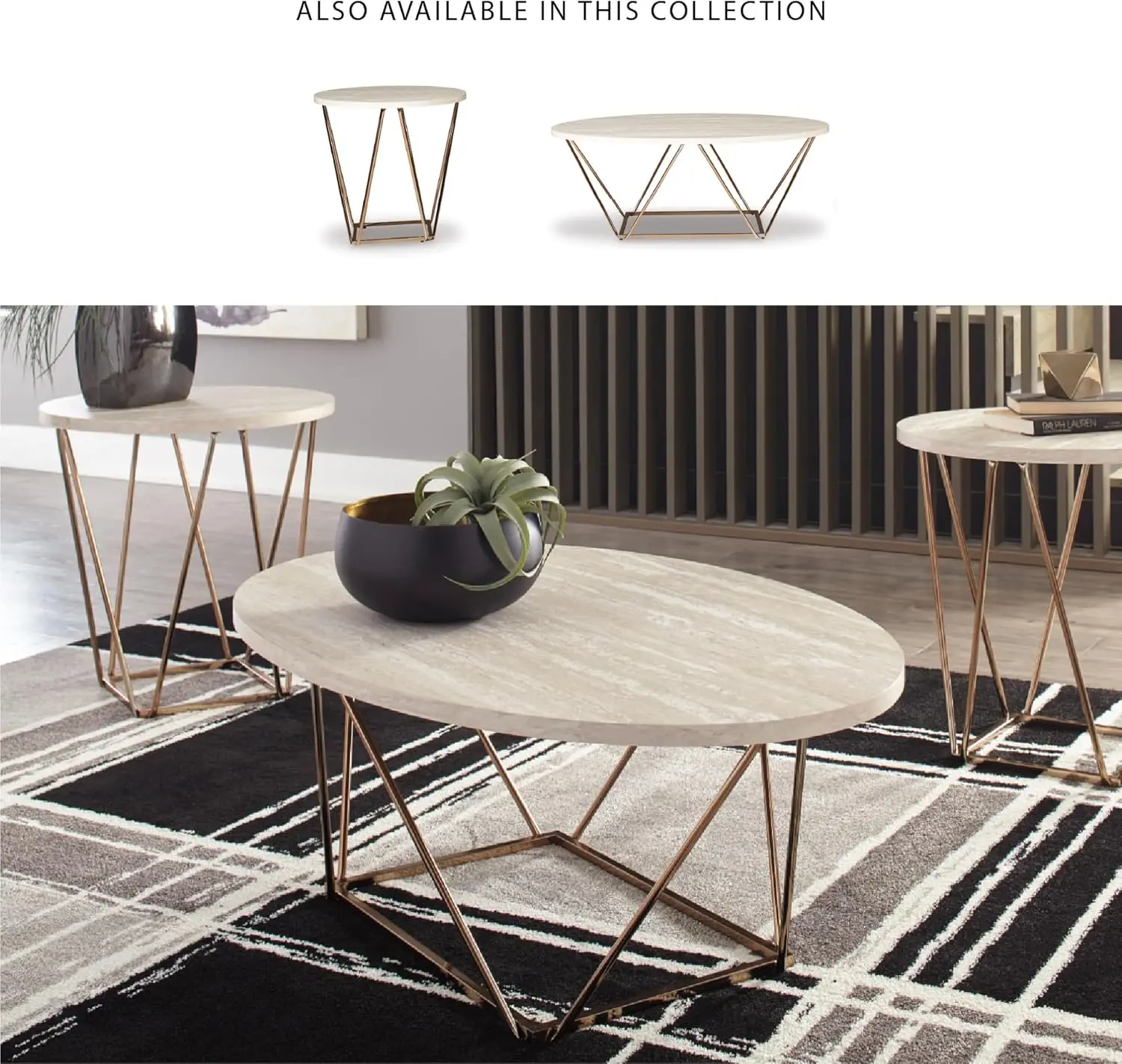 Modern White & Gold 3-Piece Coffee Table Set with Faux Marble Tops, Includes Center and End Tables