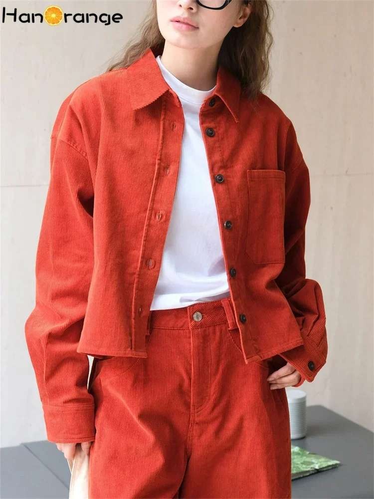 HanOrange 2024 Autumn Winter Fashion Corduroy Shirt Women Soft Thick Loose High Waist Short Top White/Orange Red