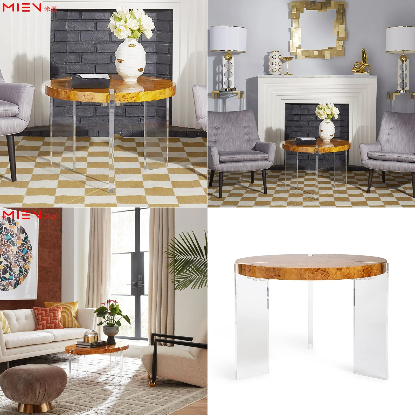 Modern Luxury Clear Acrylic Transparent Side Table Piano Finish Burl Wood Top Sofa End Table for Living Room Villa
