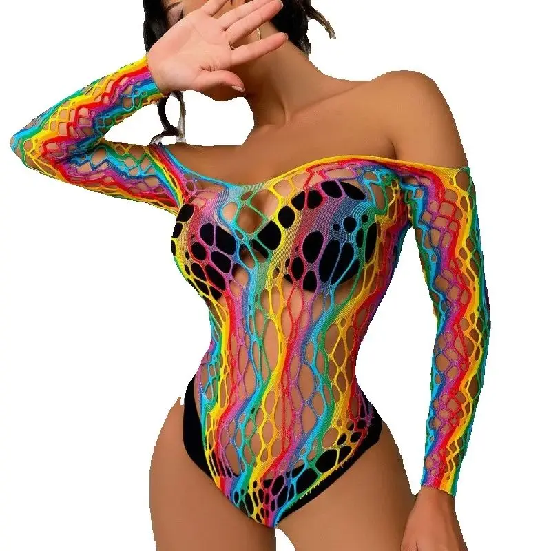 

Европейское и американское женское сексуальное женское белье, облегающая юбка до бедер, сексуальный сетчатый облегающий комбинезон радужного цвета