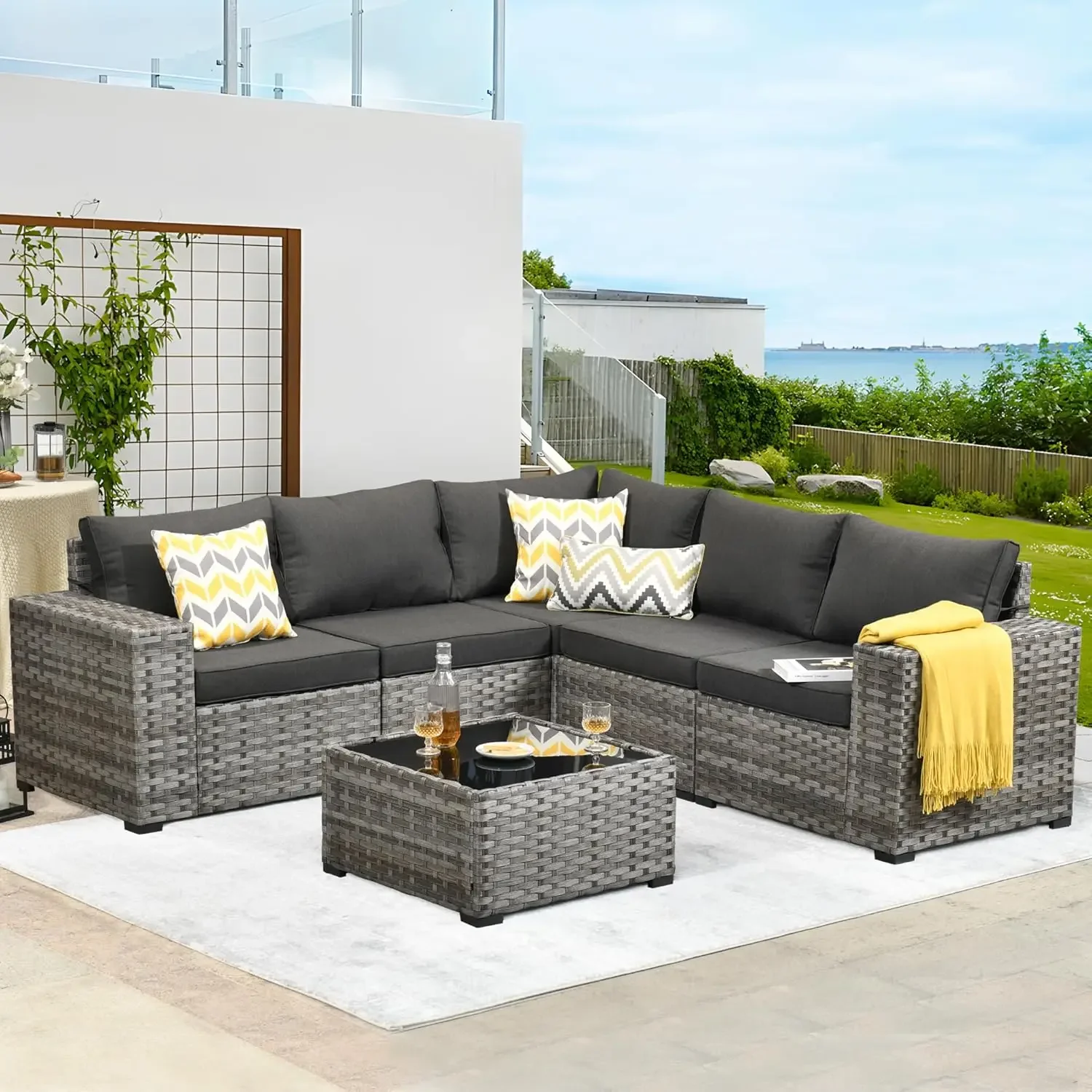 

Outdoor Sectional Furniture Patio Sofa,All Weather PE Wicker Rattan Modular Patio Conversation Sets for Backyard Deck Balcony