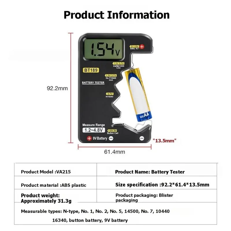 ABQU Digital Battery Tester BT189 LCD Battery Capacity Checker for AA for AAA 9V Button Cell Capacitance Diagnostic Tool