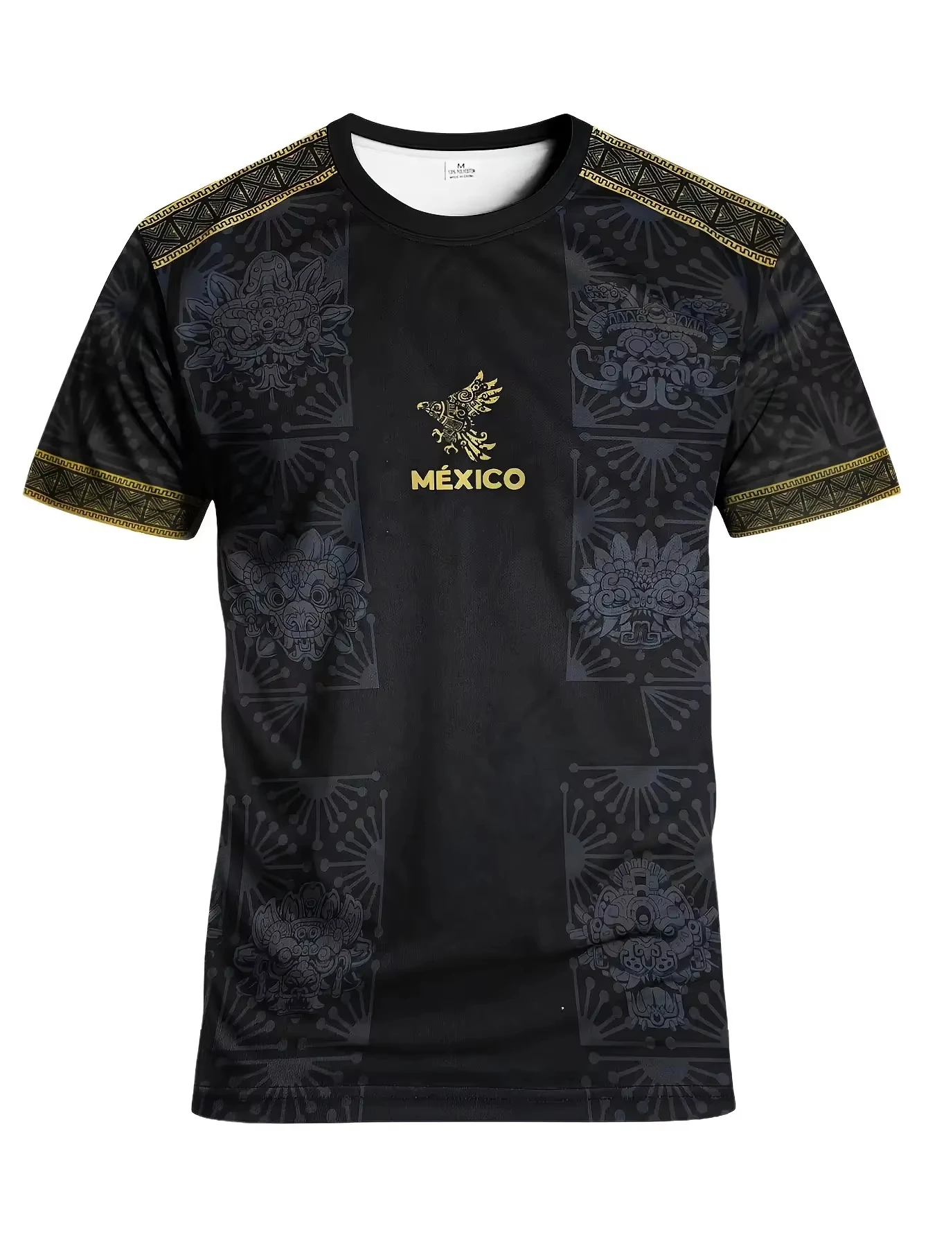 Men's Summer T Shirt Black Gold Aztec Tribal Mexico Print Crew Neck Short Sleeve Loose National Culture Soccer Jersey Tee
