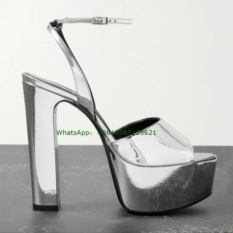 Silver Patent Leather Peep Toe Thick Heel Sandals Buckle Platform Round Toe Women Shoes