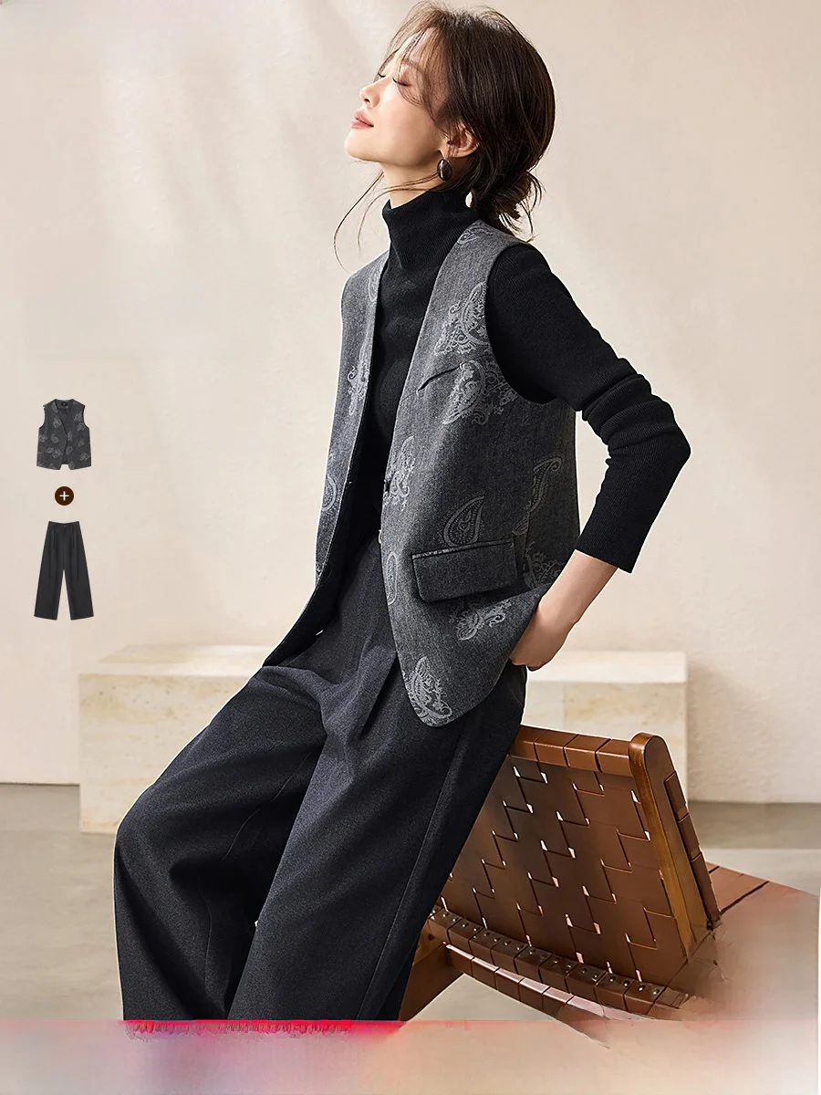 

Комплект с узором Mehema в стиле ретро Peris, зима 2029, жилет, широкие брюки, комплект из двух предметов, женский ансамбль Faion