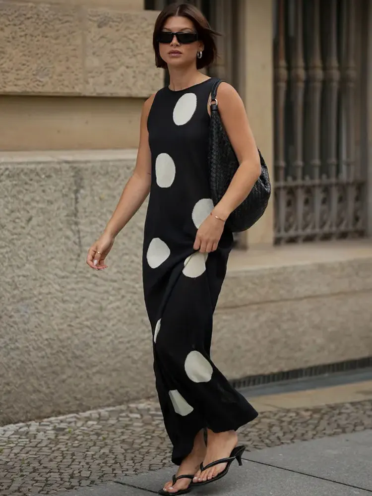 

Tossy Knitwear Summer Contrast Dress For Women Sleeveless Loose Casual Beach Holiday Party Dress Female Knit See-Through Dress