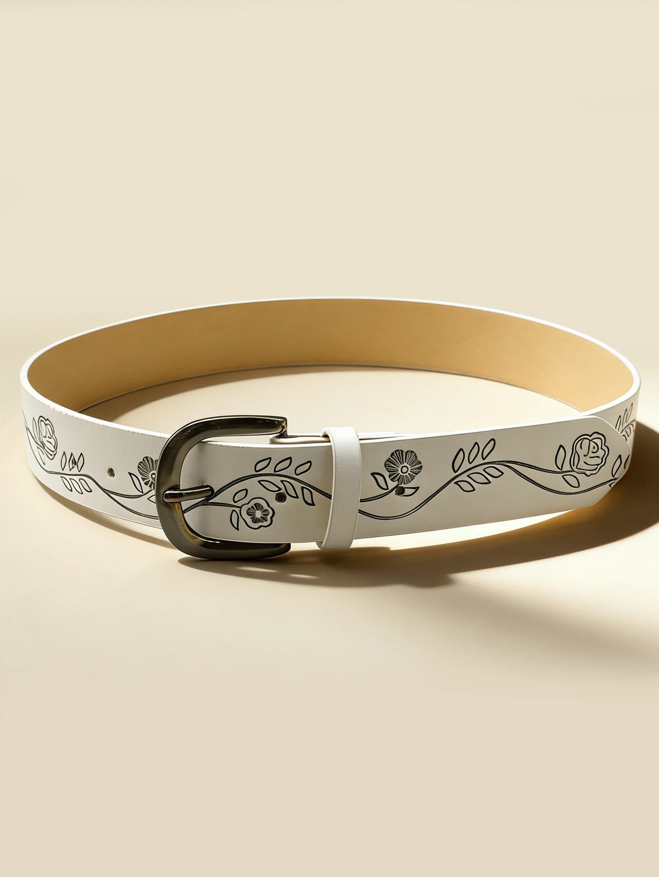 Vintage Western Floral Embossed Pin Buckle Belt for Women, Boho Flower Pattern PU Leather Waist Belt for Dress Jeans
