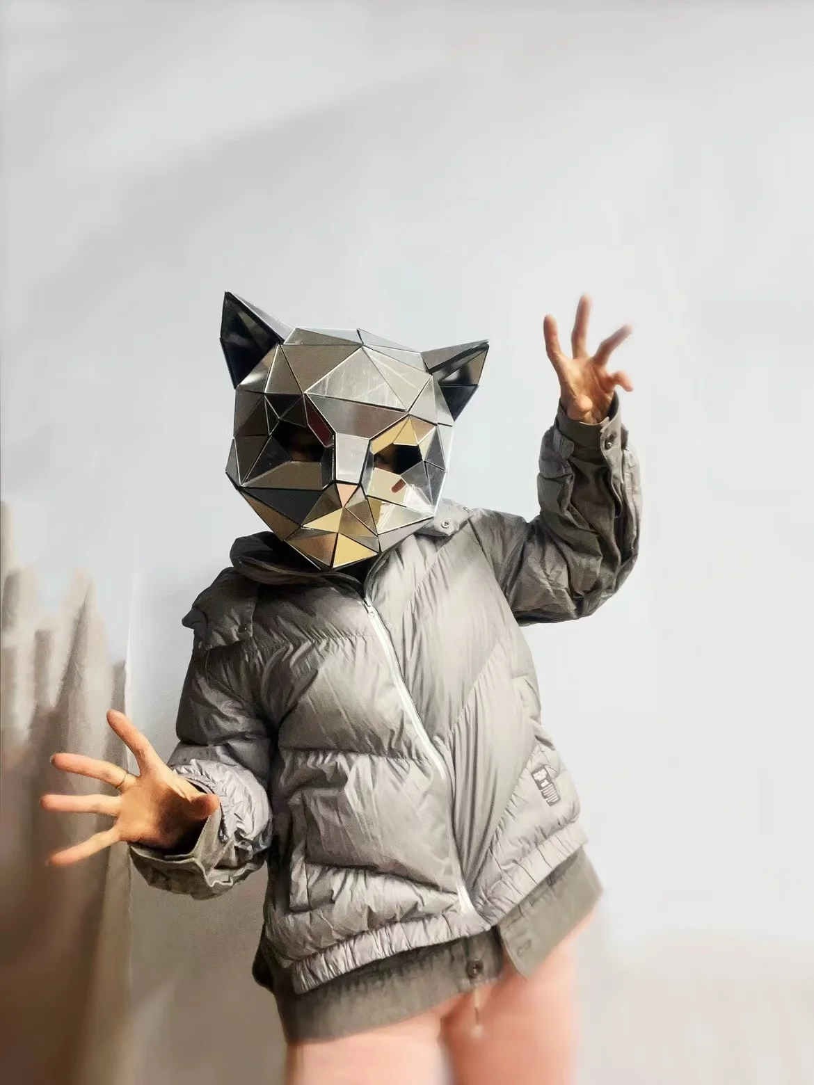 Stage theatricality Animal Head Head Mask gold Silver Mirror Cat Full Set  Jumpsuit Cosplay Shiny Helmet  Rave Mask