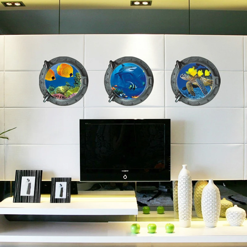 Deep Sea Diver Submarine-window View Seabed World Triptych Vinyl Wall Art Porthole Stickers for Aesthetic Rooms Home Decoration