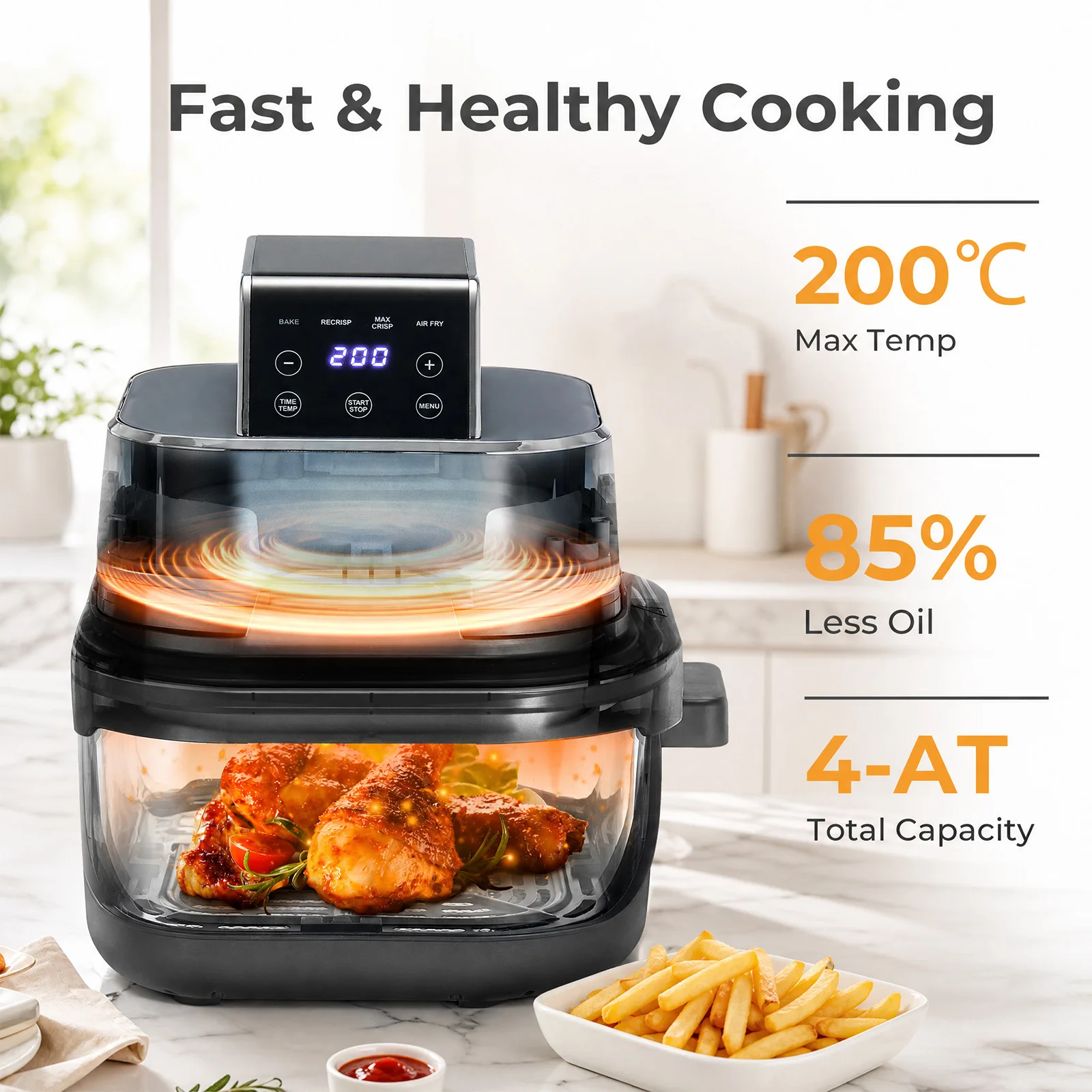 4L Tragbare Heißluftfritteuse 1500W mit 2 Glaskrüchern, 4-in-1 Air Fryer zum Heißluftfrittieren, Backen, Recrisp & Max Crisp, Blau