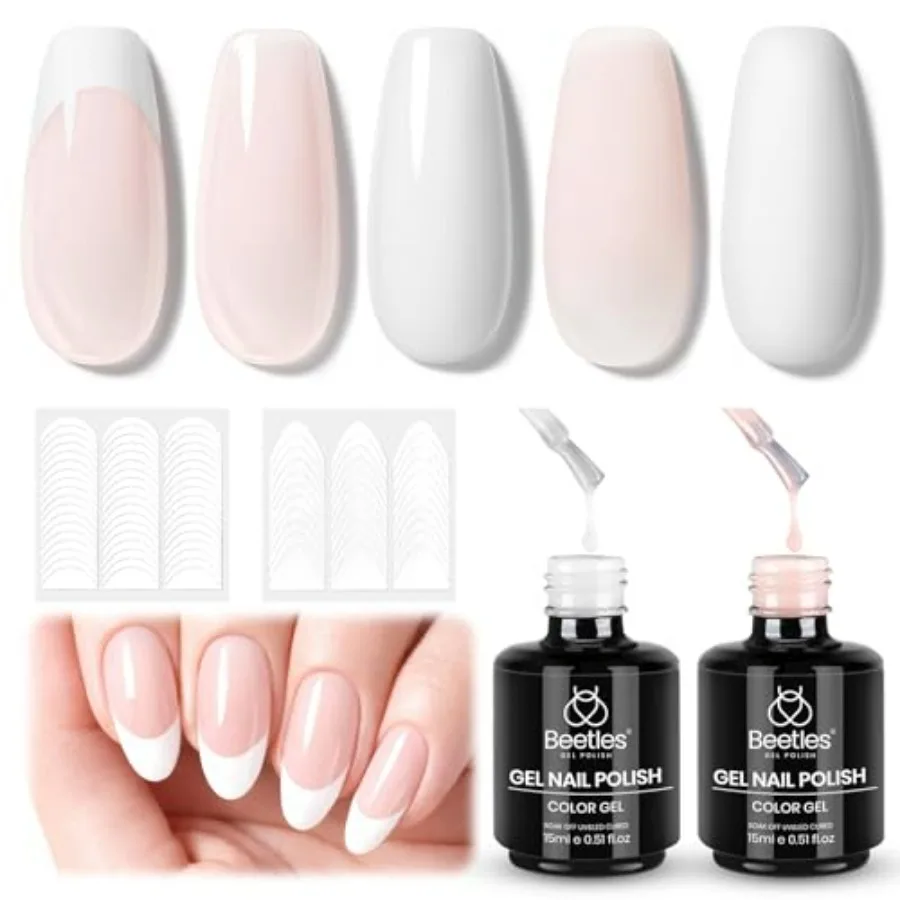 

Beetles Tip Gel Polish Set - White Nude Manicure Kit with 2 Nail Art Sticker, Soak Off UV LED for DIY Home and Salon Gift for W
