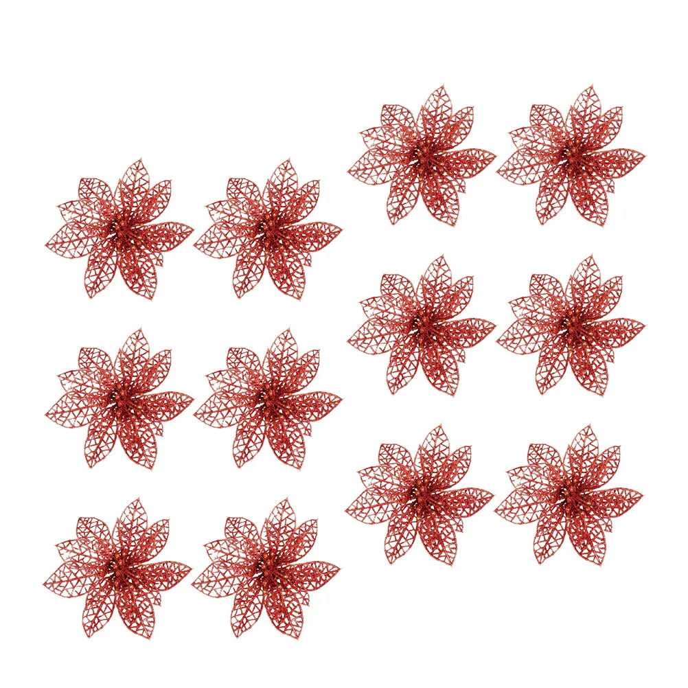 

12 Pcs Christmas Flowers Artificial for Ornament Flash Xmas Decor Ornaments Red