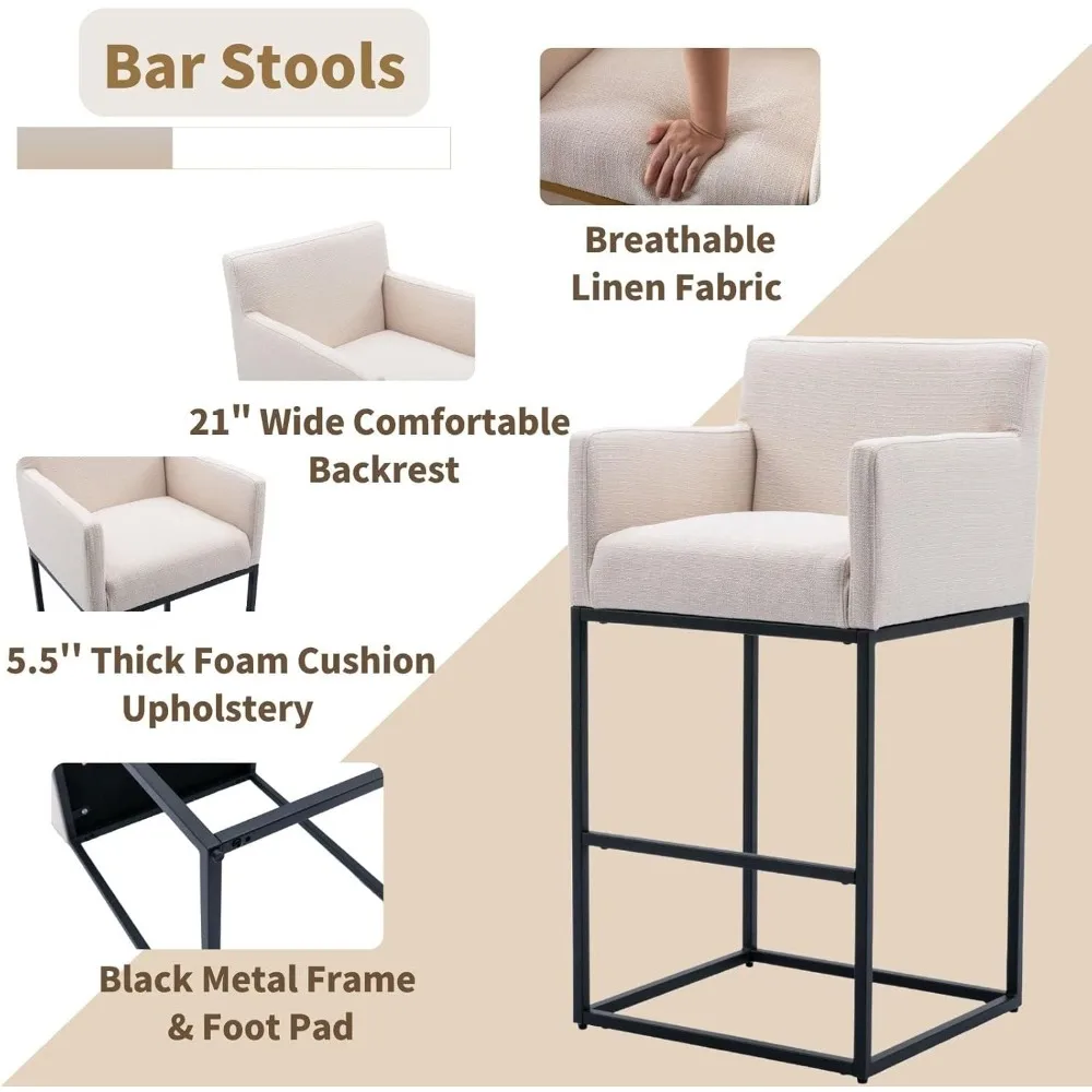 Conjunto de 2 bancos de bar modernos com altura de balcão, bancos de bar estofados em tecido de linho com costas, bancos de ilha de cozinha de 30 polegadas com inteligência