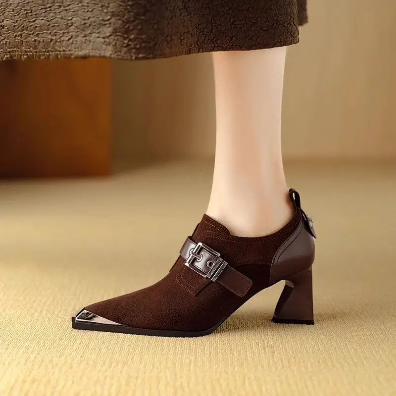 FHC 2024 Retro Style Deep Shape Flock Shoes,Women Pumps,High Heels,Sexy Square Toe,Side Zipper,Front Buckle,Black,Brown,Dropship