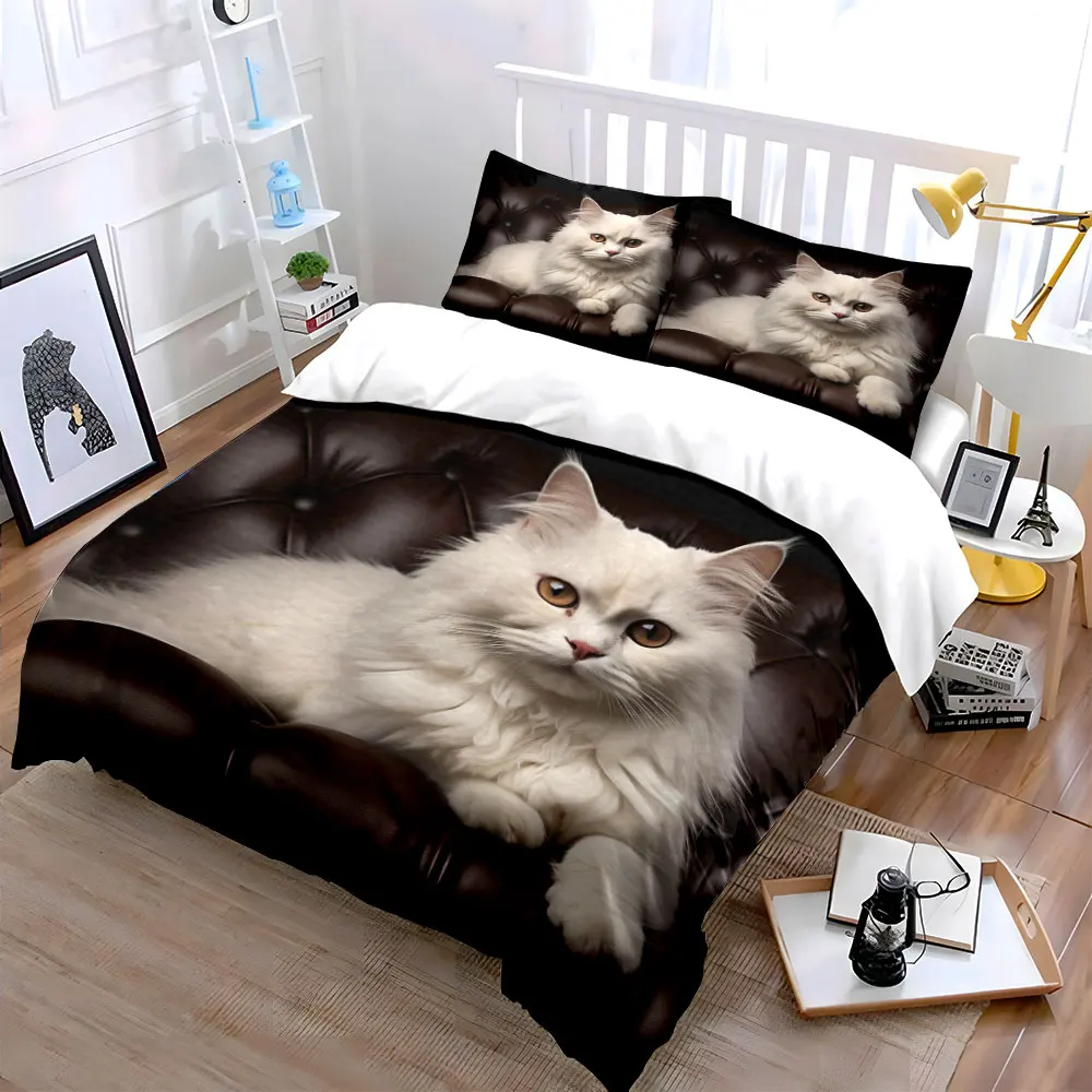 White cat resting on brown sofa Bedding Set for Kids Luxury Gift 3pcs Digital Print Comforter Set Soft Comfortable Breathable