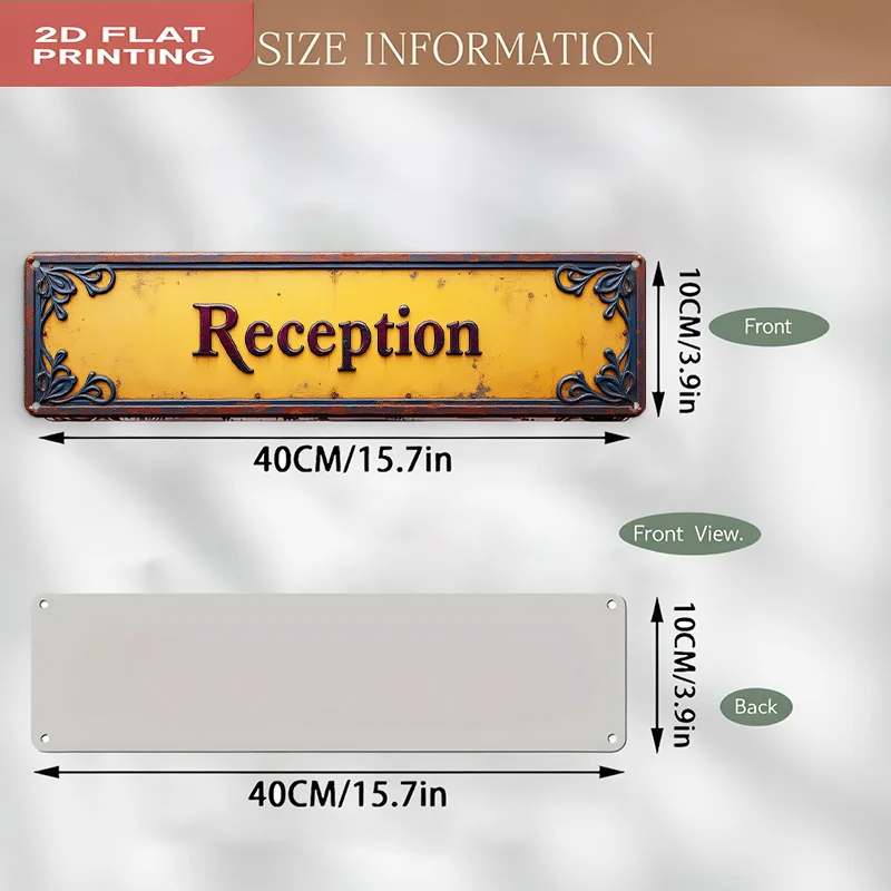 Flaches, großes, verziertes Empfangsschild im Vintage-Stil von 2D – Willkommens-/Empfangsschild aus robustem Aluminium mit goldenem Schriftzug und dunklem B